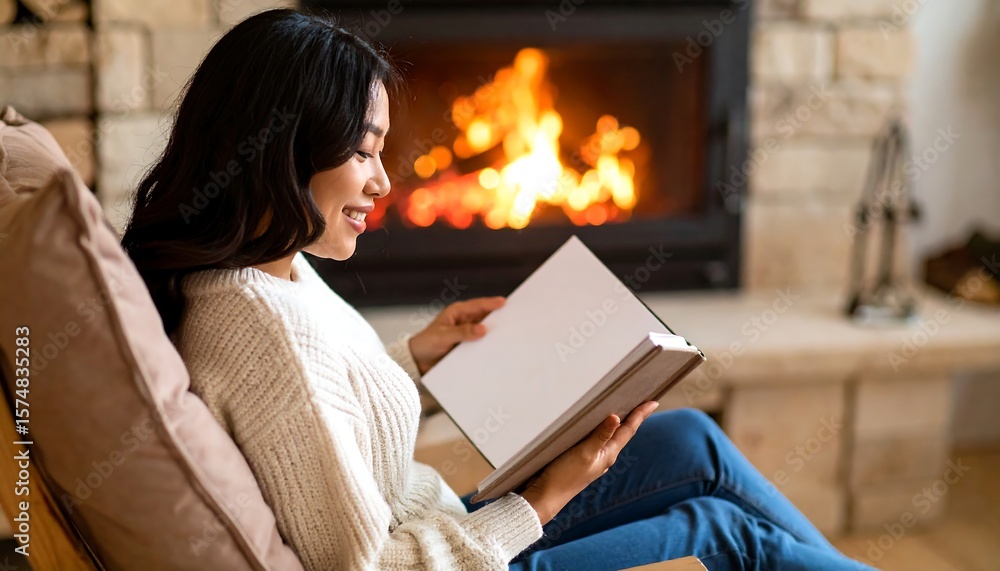 Obraz premium Woman reads by fireplace