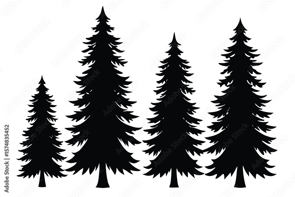 Obraz premium Four Evergreen Pine Trees Silhouette Illustration Isolated on White Background Design