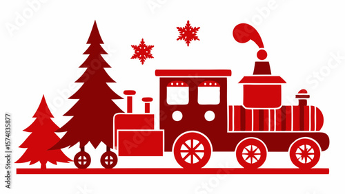 Red Christmas train with trees and snowflakes on white background vector