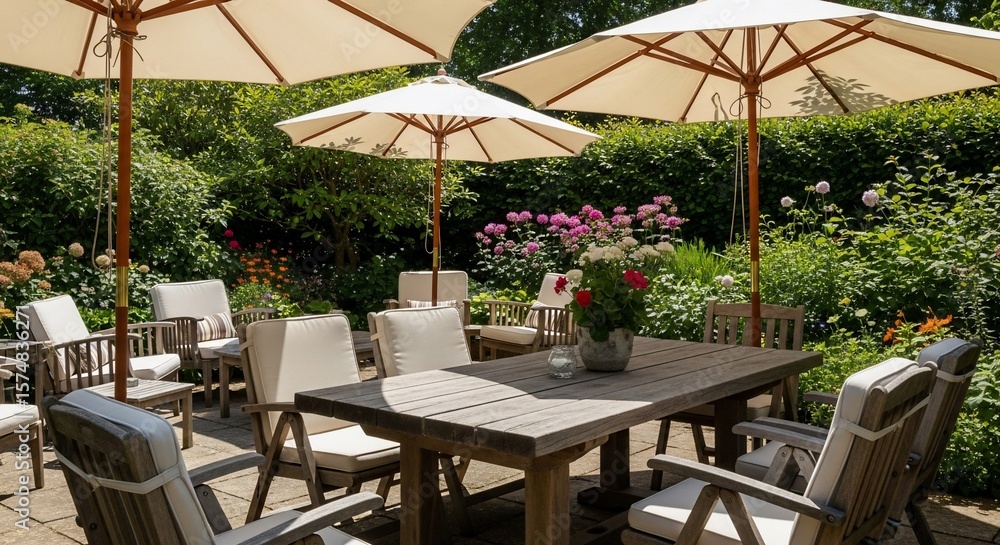Fototapeta premium Elegant Outdoor Dining: Wooden Table, Chairs, Umbrellas, and Lush Garden Setting