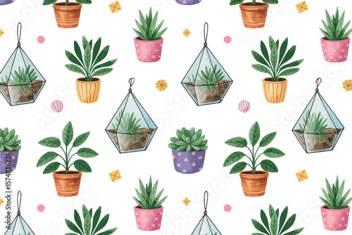 Watercolor seamless pattern with potted plants and terrariums on a white background design


