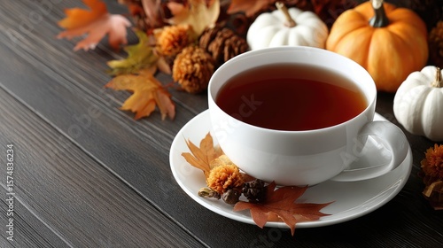 Enjoy a warm cup of tea accompanied by sugar cookies, pumpkins, and fall leaves, creating a delightful autumn atmosphere