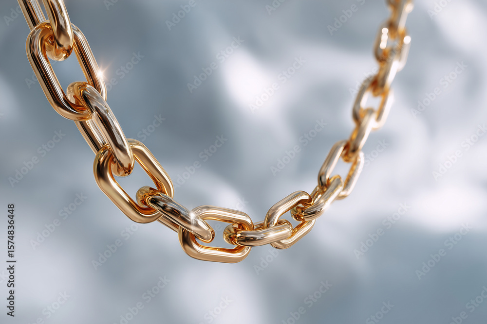 Fototapeta premium Close-up of shiny gold chain links with reflective surface and soft blurred background