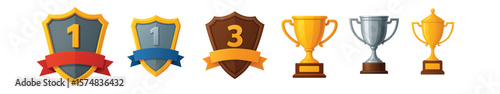 Champion Shields and Trophy Icons – First Place Awards and Winner Symbols