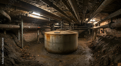 Basement with Large Metal Tank and Pipes
