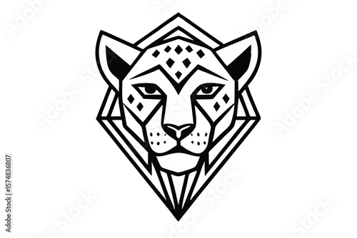 Geometric jaguar face peers powerfully from a diamond frame in monochrome line art