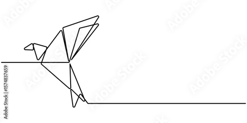 origami bird continuous one line drawing, Single continuous line drawing of beauty funny origami paper form flying hummingbird. Traditional Japanese paper craft folding concept. Train fine motor pro. 