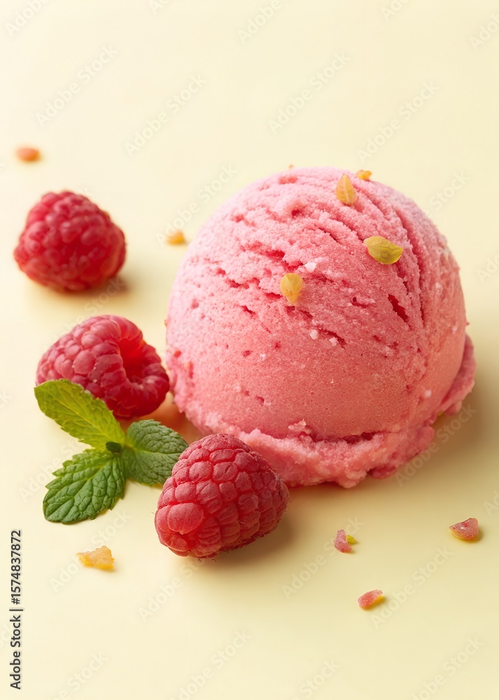 Scoop of Raspberry Ice Cream or Sorbet with Fresh Berries and Mint on Yellow Background, Delicious Summer Dessert Scoop of Raspberry Ice Cream or Sorbet with Fresh Berries and Mint on Yellow Background, Delicious Summer Dessert