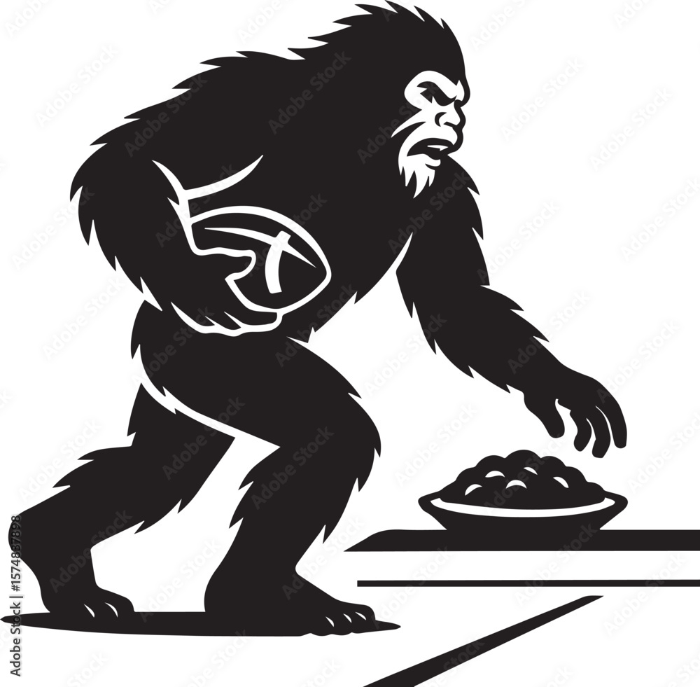 Fototapeta premium Bigfoot Yeti Black & white silhouette who is playing football on field