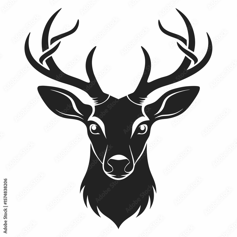 Naklejka premium Black silhouette of a deer head with intricate antlers white