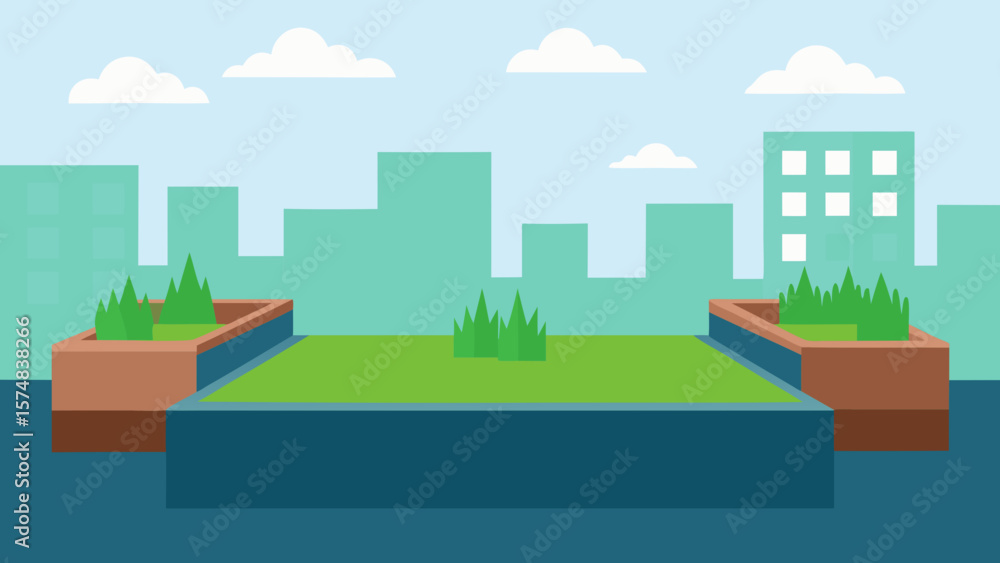 Obraz premium A vibrant vector illustration depicts a green eco-city skyline with modern office buildings and houses nestled within an urban landscape, all under a clear sky