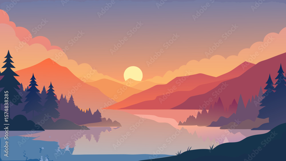 Obraz premium Golden sunrise over misty mountain peaks paints the serene landscape with hues of dawn, as clouds drift across the morning sky