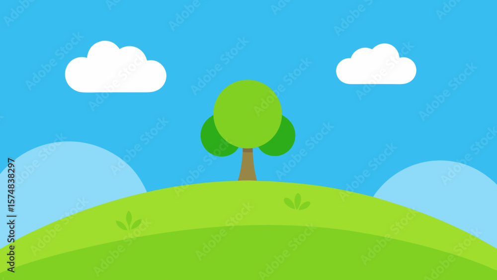 Fototapeta premium Bright summer day landscape with green trees and a road winding through a rural meadow under a cloudy sky