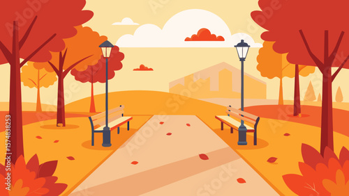 Vibrant vector illustration of a desert sunset with an autumn tree against a mountain and orange sky