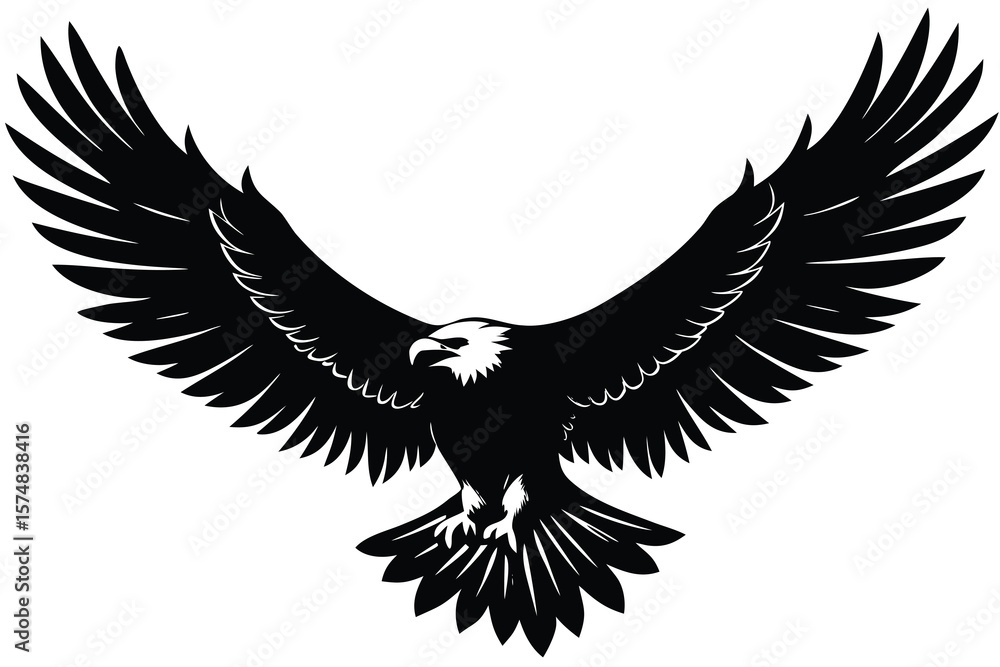 Fototapeta premium Majestic Black and White Eagle Illustration with Wings Spread Wide Open Against White Background