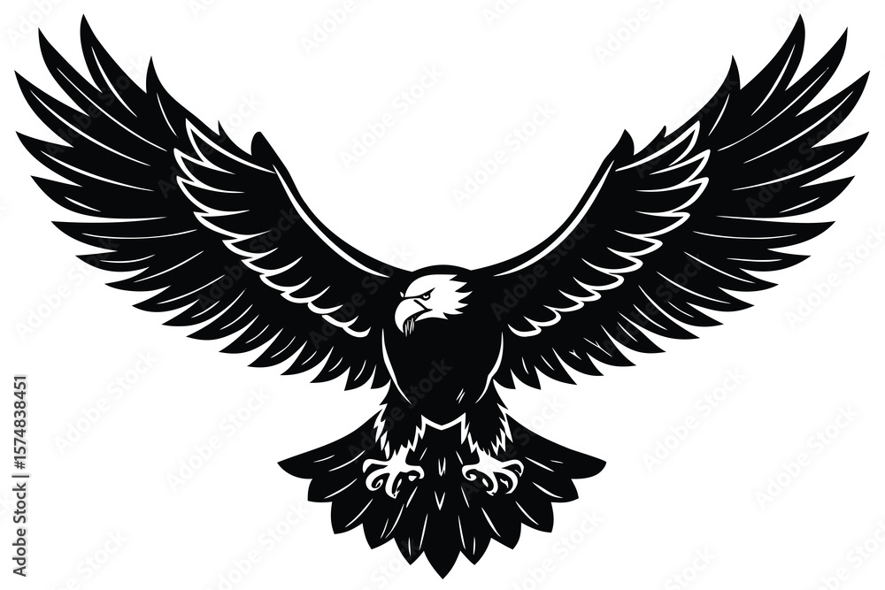 Obraz premium Majestic Black Eagle Silhouette with Wings Spread Wide on a White Background