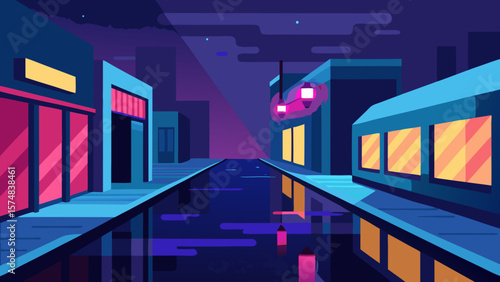 A lone figure walks down a vibrant urban street, illuminated by the warm glow of city lights on a captivating night