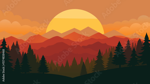 Misty mountain landscape at dawn with a vibrant sunrise painting the sky, casting a serene view over the tranquil forest and valley