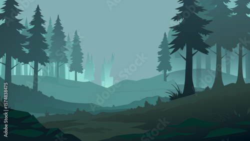 Mountain forest landscape shrouded in mist and clouds at sunrise