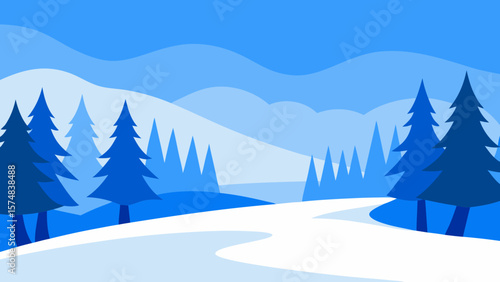 A beautiful winter landscape features snowy trees, a cold forest, and majestic mountains under a frosty sky