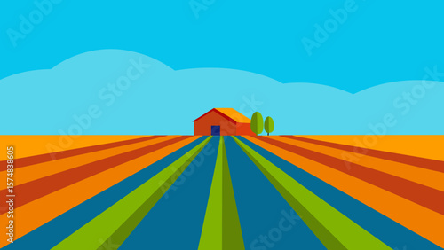Summer landscape illustration with a vibrant rainbow over rolling green hills and distant mountains