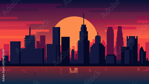 A vibrant cityscape silhouette showcases towering urban architecture against a dramatic sky at dusk