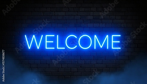 Glowing welcome neon sign illuminating a dark brick wall with inviting blue light