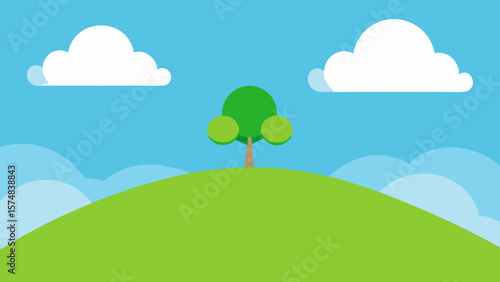 Lush summer landscape with green trees, rolling hills, and a clear blue sky with fluffy white clouds