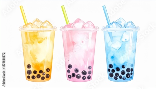 Watercolor illustration of three colorful bubble teas with tapioca pearls and ice cubes