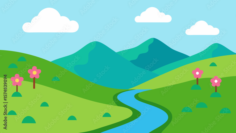 Fototapeta premium Mountain landscape with a blue sky and green hills