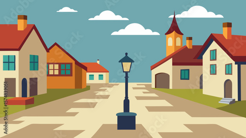 Vibrant cartoon illustration of diverse houses and buildings lining a bustling city street under a clear sky