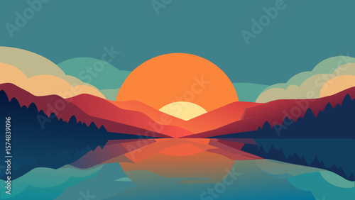Misty mountain landscape at sunrise with a fiery sky over the tranquil lake