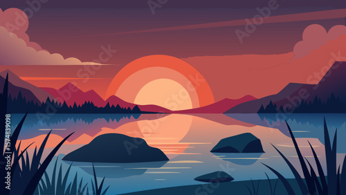 Beautiful sunset light reflects on the calm lake and river, casting an orange glow over the mountain landscape under a twilight sky