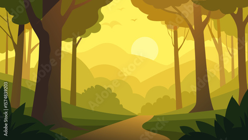 Autumn landscape with trees, a vibrant nature scene featuring green grass, a clear sky, and rolling hills under the sun