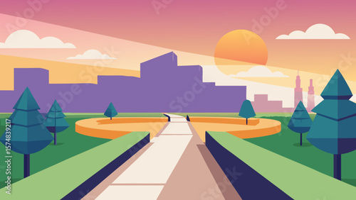 Golden hour transforms the urban landscape as the sun dips below the horizon, painting the sky with vibrant hues over the city road and distant mountains