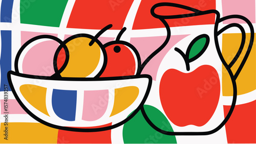 A colorful still life with a bowl of fruit and a pitcher of apple juice on a patterned background