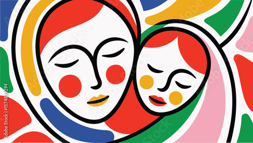 Abstract colorful illustration of mother and child with closed eyes in a loving embrace art
