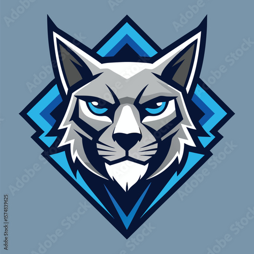 Gray lynx head framed by a diamond shaped blue design stares forward intently