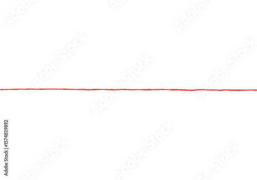 Single vibrant scarlet red thread with delicate fuzzy texture, stretched perfectly taut horizontally against a pristine transparent seamless background with copy space, studio lighting, isolated full