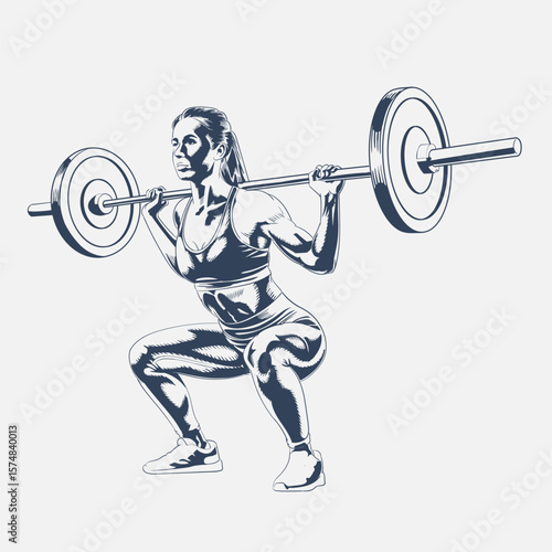 Fit muscular woman doing squat with barbell strength training and workout vector illustration isolated on white