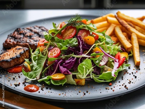 Grillteller mit saftigem Fleisch und großer Gemüse- / Salatbeilage