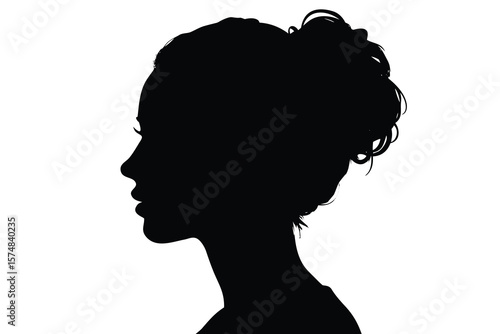 Silhouette of Elegant Woman's Profile with Intricate Updo Hairstyle on a White Background