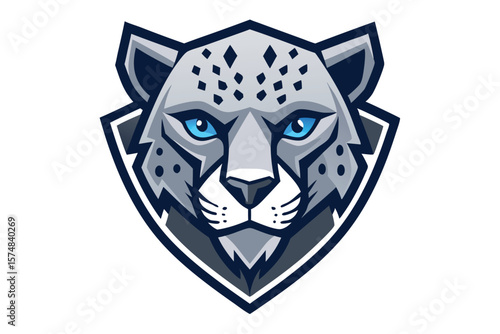 Intense blue eyes stare from gray snow leopard head inside a badge shape