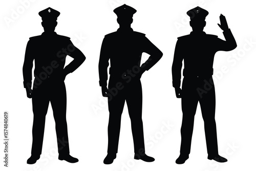 Silhouetted Police Officers One Saluting, Others with Hands on Hips, on White