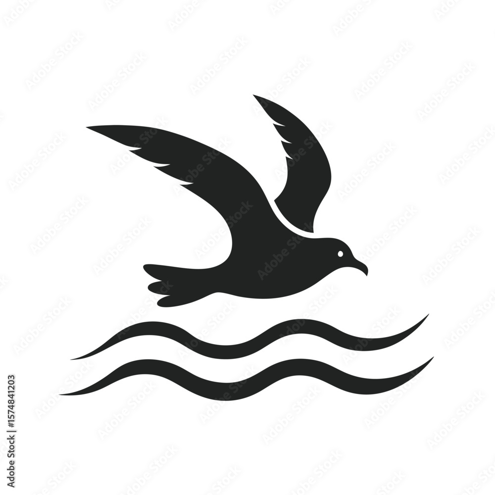 Obraz premium Seagull Gliding Over Ocean Waves Silhouette