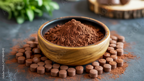 Rich chocolate powder and small chocolate pieces arranged on a dark surface