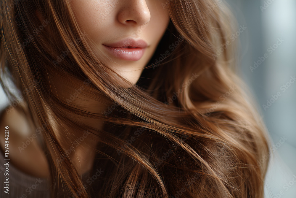 Close-up of a young woman’s lips and flowing brown hair with soft natural lighting and smooth skin texture Close-up of a young woman’s lips and flowing brown hair with soft natural lighting and smooth skin texture