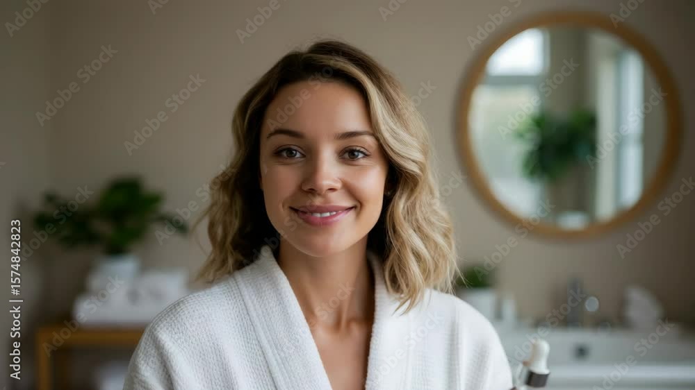 Woman smelling natural serum in bathroom Woman smelling natural serum in bathroom