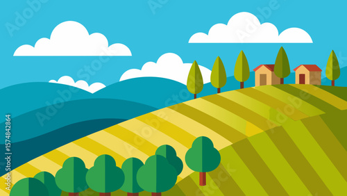 Lush green summer landscape with trees, rolling hills, and a clear blue sky