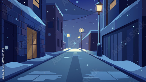 Empty, long, and perspective night city street corridor with concrete walls and light